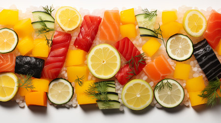 Japanese sushi set. Sashimi, maki rolls, and green tea. On plate over the background image.の写真素材