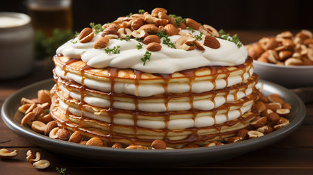 Stack of pancakes with honey syrup on a dark background.の写真素材