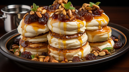Stack of pancakes with honey syrup on a dark background.