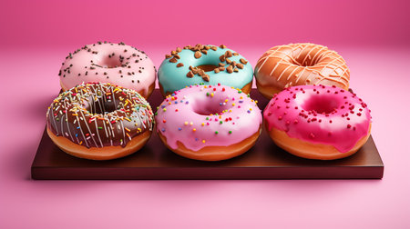 Mix of multicolored sweet donuts with sprinkles on a pink backgroundの写真素材