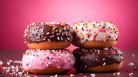 Mix of multicolored sweet donuts with sprinkles on a pink backgroundの写真素材