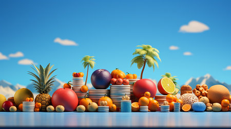 Fruits and vegetables 3d colorful cartoon backgroundの写真素材