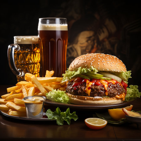 Burger, fries and coke on the wood tableの写真素材