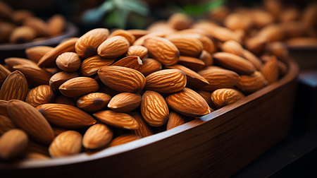 Background of big raw peeled almonds situated arbitrarilyの写真素材