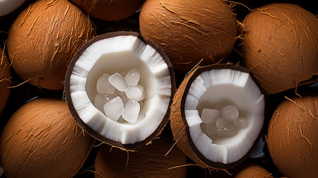 Fresh open coconut for sale on street market, dark baackground