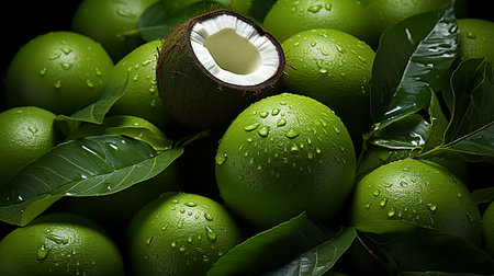 Fresh young green coconut split in half showing white flesh with a pile of coconuts