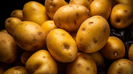 Potatoes on the market, closeup background imageの写真素材