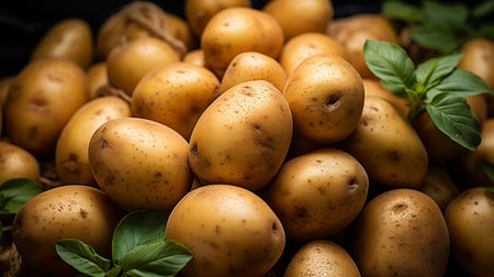 Potatoes on the market, closeup background imageの写真素材