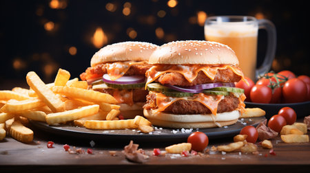 Burger, fries and coke on the wood tableの写真素材