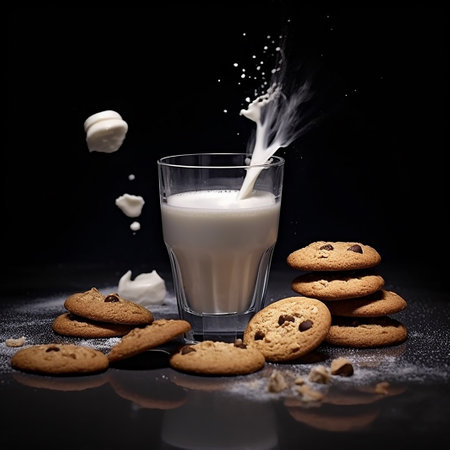 Fresh milk glass and cookies on the tableの写真素材