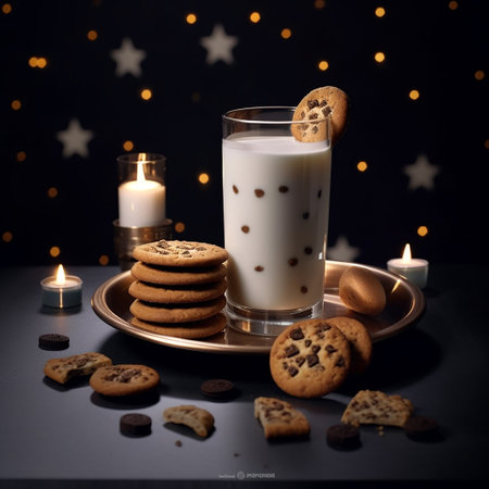 Fresh milk glass and cookies on the tableの写真素材