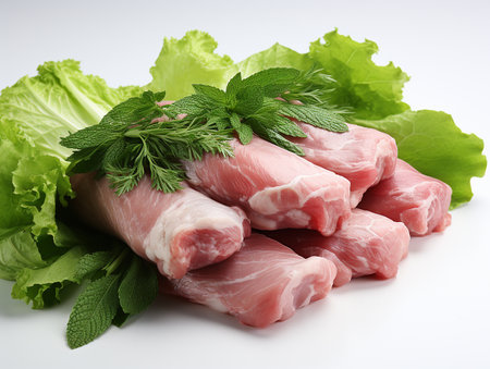 Fresh raw meat chops on a plate with leafの写真素材