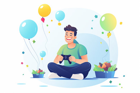 A young man sitting on the floor plays a video game on the game console in the room. Vector isometric illustration.の写真素材