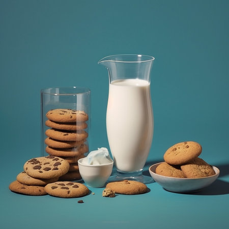 Fresh milk glass and cookies on the tableの写真素材