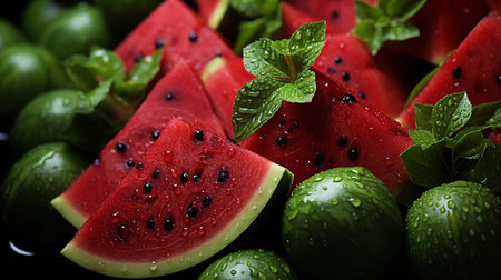 Slices of watermelon, closeup background imageの写真素材