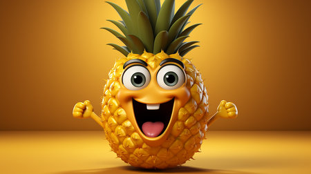 Pineapple isolated on a yellow background, happy pineapple emoji cartoon imageの写真素材