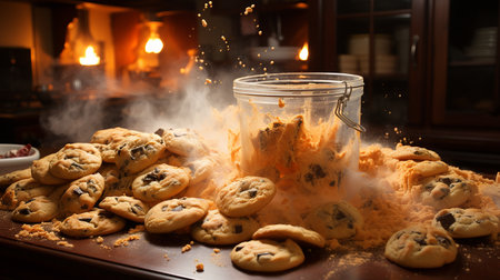 Chocolate cookies on the kitchen wooden table. Chocolate chip cookies shot.の写真素材