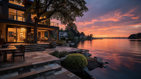 Riverside tourist lounge at sunsetの素材