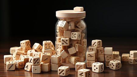 Wooden dice on the black background. Close up.