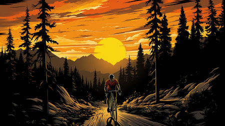 Holliday road trip by motorbike. A motorbike trip to the mountains. Visit a nature park or reserve. cartoon vector illustrationの写真素材
