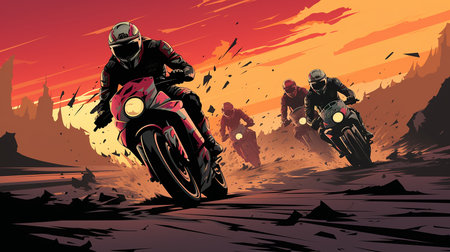 Holliday road trip by motorbike. A motorbike trip to the mountains. Visit a nature park or reserve. cartoon vector illustrationの写真素材