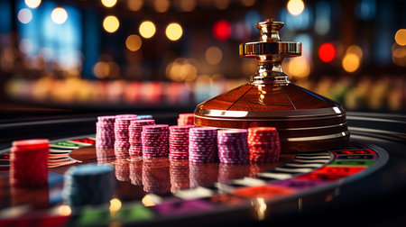 Casino games, multicolored casino roulette table with poker chipsの写真素材