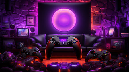 Neon game controllers or joysticks for game console.の写真素材