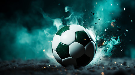 Soccer ball with fire on a dark background, a bright flame symbol backgroundの写真素材