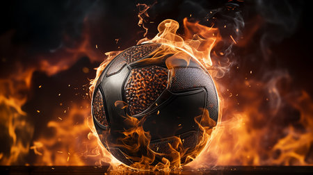 Soccer ball with fire on a dark background, a bright flame symbol backgroundの写真素材