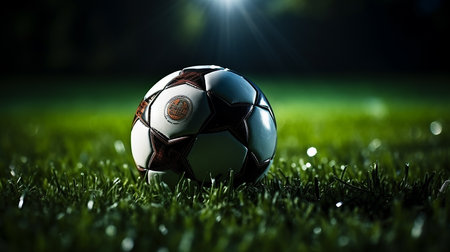 Traditional soccer ball on soccer fieldの写真素材