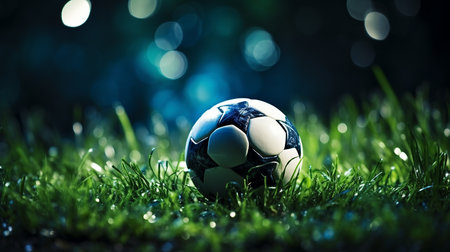 Traditional soccer ball on soccer fieldの写真素材