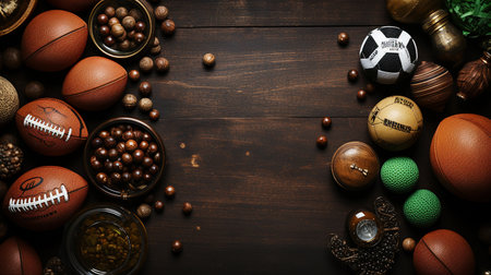 Sport leather equipment and balls in dark background