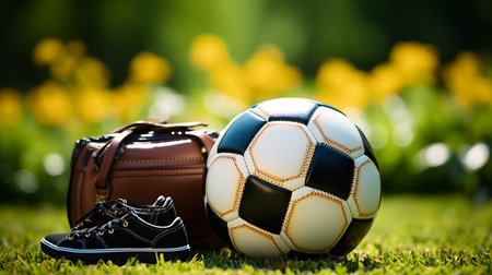 Traditional soccer ball on soccer fieldの写真素材