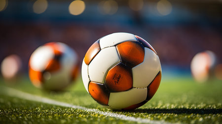Traditional soccer ball on soccer fieldの写真素材