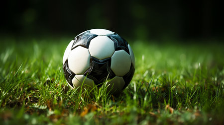 Soccer ball on green grassの写真素材