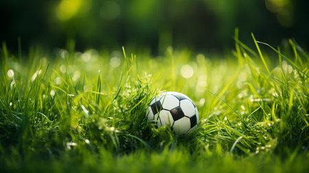 Soccer ball on green grassの写真素材