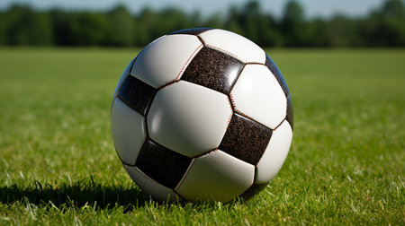 Soccer ball on green grassの写真素材
