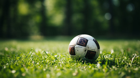 Soccer ball on green grassの写真素材