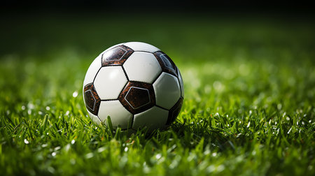 Soccer ball on green grassの写真素材