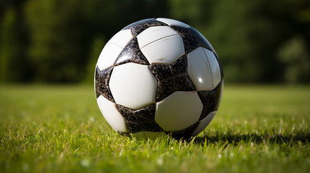 Soccer ball on green grassの写真素材