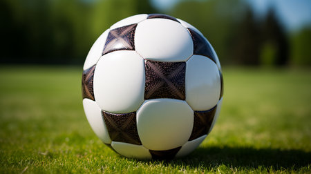 Soccer ball on green grassの写真素材