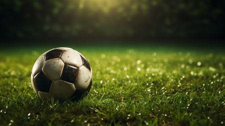 Soccer ball on green grassの写真素材
