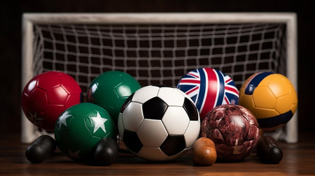 Colorful soccer balls on the floor, football background imageの写真素材