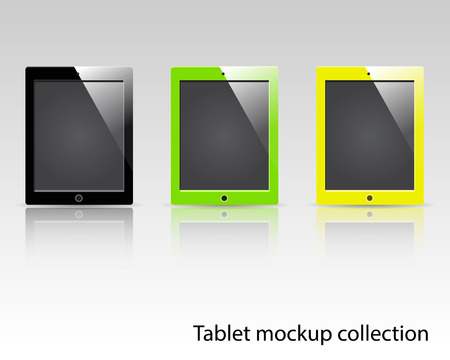 Tablet computers vector mockup black, green and yellow. Can be used for background frame, brochure object, web element, app background mockup.のイラスト素材