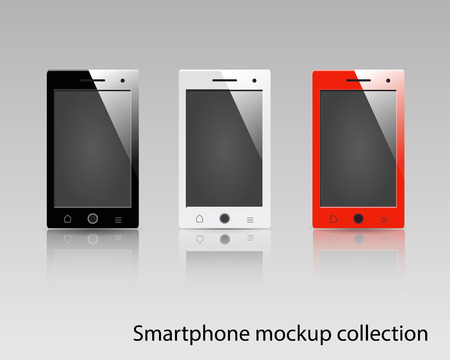 Smartphones vector mockup black, white and red. Can be used for background frame, brochure object, web element, app background mockup.のイラスト素材
