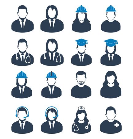 People profile icon set of different profession. Corporate man, Graduate Student, Customer Service,  Doctor, Nurse, Engineer etc.のイラスト素材