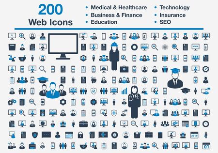 200 Universal Web Icons including Medical and Healthcare, Business, Finance, Insurance, Technology, Education, SEO Sign. Editable Vector EPS Symbol Illustration.のイラスト素材