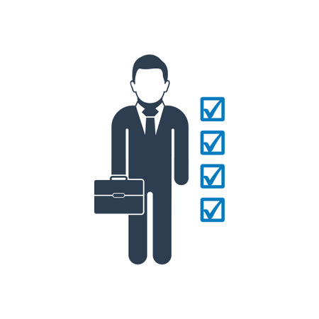Business Skill Icon. With Businessman, Tick Mark and Briefcase Symbols. Editable Flat Vector Illustration.のイラスト素材