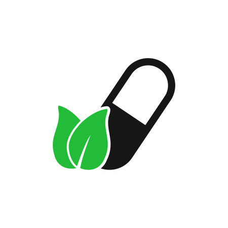 Herbal Medicine Icon. With Pill and Green Leaves Symbols. Editable Flat Vector Illustration.のイラスト素材