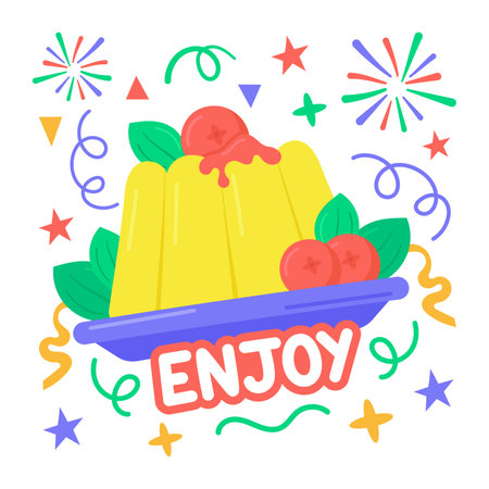 Sweet jelly pudding with red berries sticker isolated on white backgroundのイラスト素材